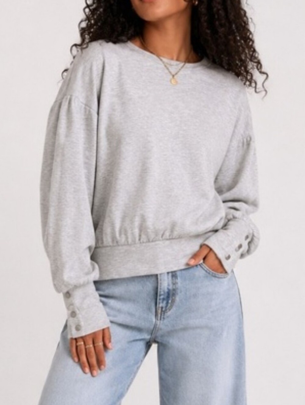 Evereve Heather Grey Pullover Snap Cuff Puff Sleeve Crewneck Sweater